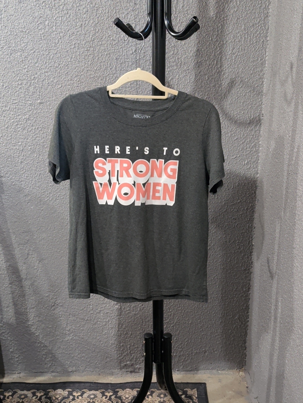 omighty Charcoal Graphic Tee with Pink and White 'Strong Women' Text
